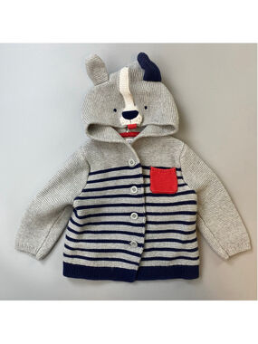 Baby GAP Sweater 12-18 Months Knit Gray Navy Blue Striped Dog Hooded Whimsical